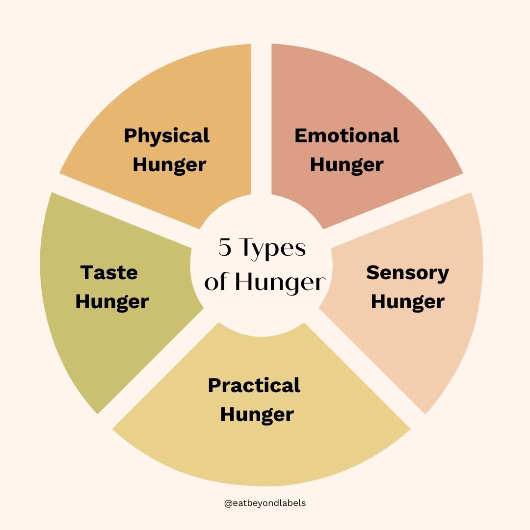 Infographic displaying five intuitive eating hunger categories: physical, emotional, taste, sensory, and practical.