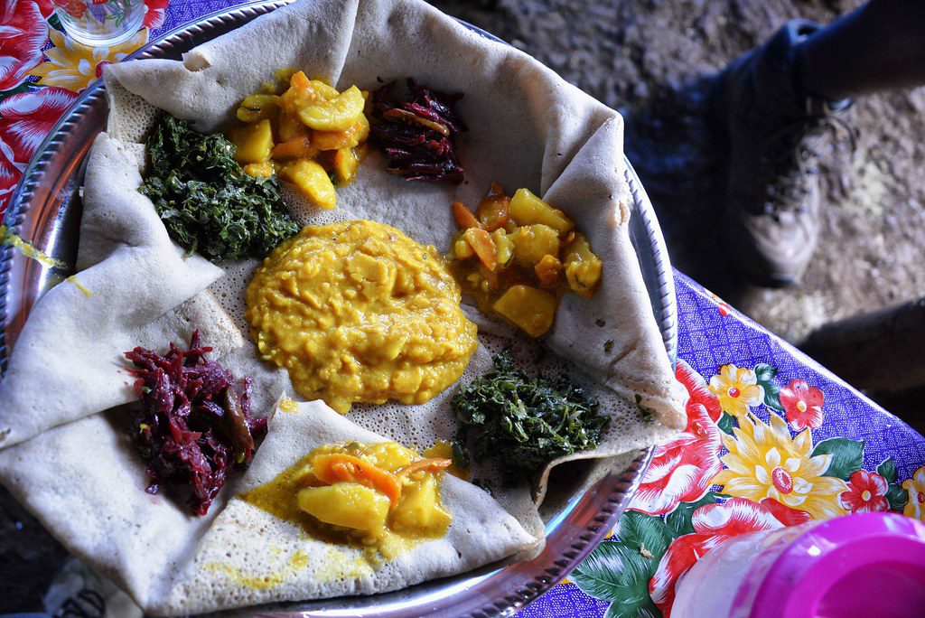 Ethiopian platter with colorful dishes